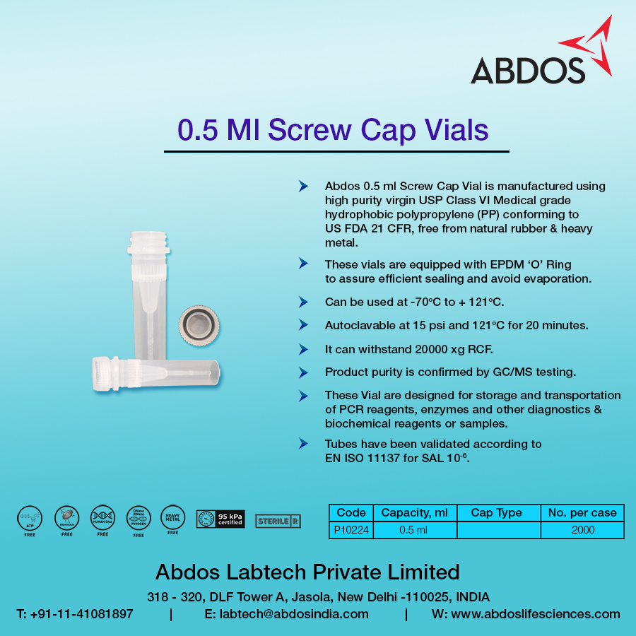 AbdosLabtech's tweet image. Abdos 0.5 Ml Screw Cap Vials are equipped with EPDM ‘O’ Ring to assure efficient sealing and avoid evaporation.
#lifesciences #lifescience #creatingforlifescience #screwcapvials #vials #abdos 
abdoslifesciences.com