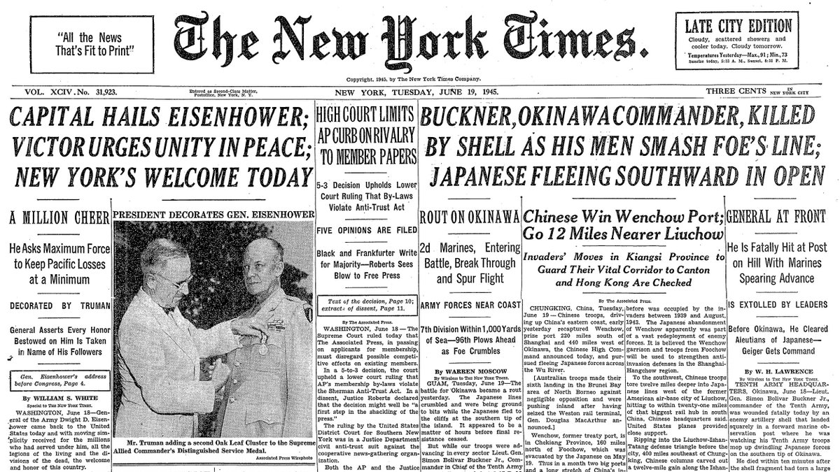 June 19, 1945: Buckner, Okinawa Commander, Killed By Shell as His Men Smash Foe's Line; Japanese Fleeing Southward in Open  https://nyti.ms/30Z4JZN 