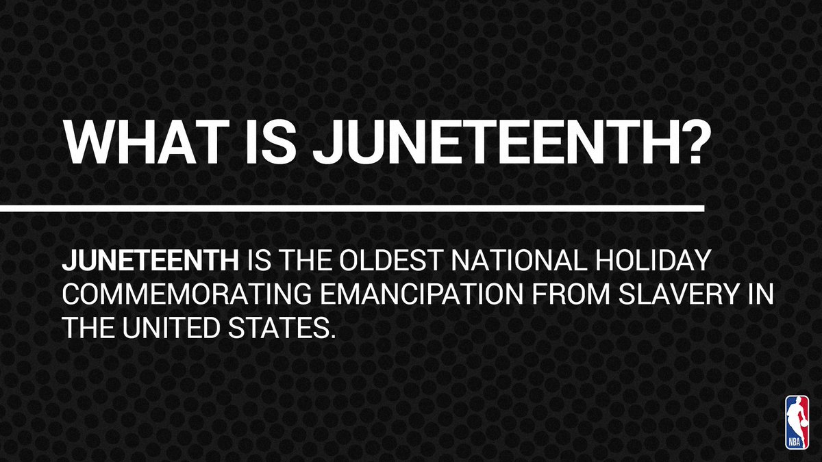 NBA's tweet image. Join the NBA family in honoring #Juneteenth, the oldest national holiday commemorating emancipation from slavery in the United States.