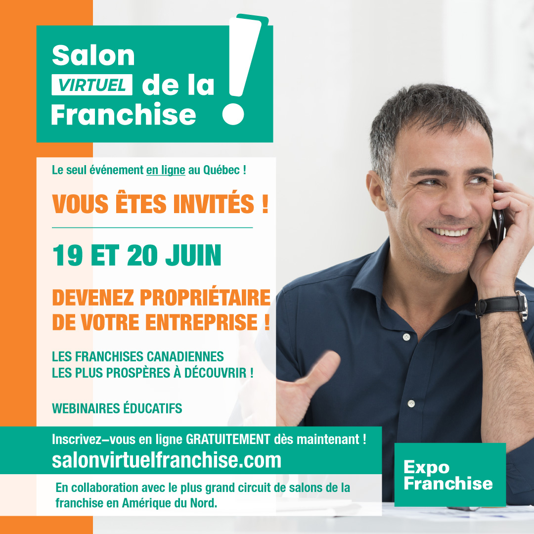 #FlagFranchise vous invite au #SalonVirtuelDeLaFranchise du Québec, les 19 juin et 20 juin 2020.

Cet événement 100% en ligne gratuit, met en relation les franchiseurs et les candidats à la franchise. Suivez ce lien pour visiter FlagFranchise : salonvirtuelfranchise.com/flagfranchise
 #franchise