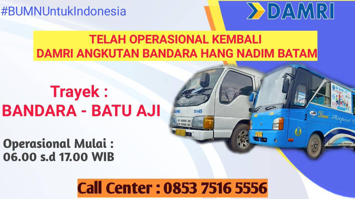 DamriIndonesia's tweet photo. Hey sobat!Damri Angkutan Bandara Hang Nadim Batam sudah kembali beroperasi! ๐
Jadwal terlampir di gambar di bawah ini. Bila ada pertanyaan, jangan ragu untuk hubungi kami di 0853-7516-5556 (Call Center Batam)
Dari bandara? #NaikDamriAja!
#Batam #HangNadim #TakesYouEverywhere https://t.co/NacZUOSrgf