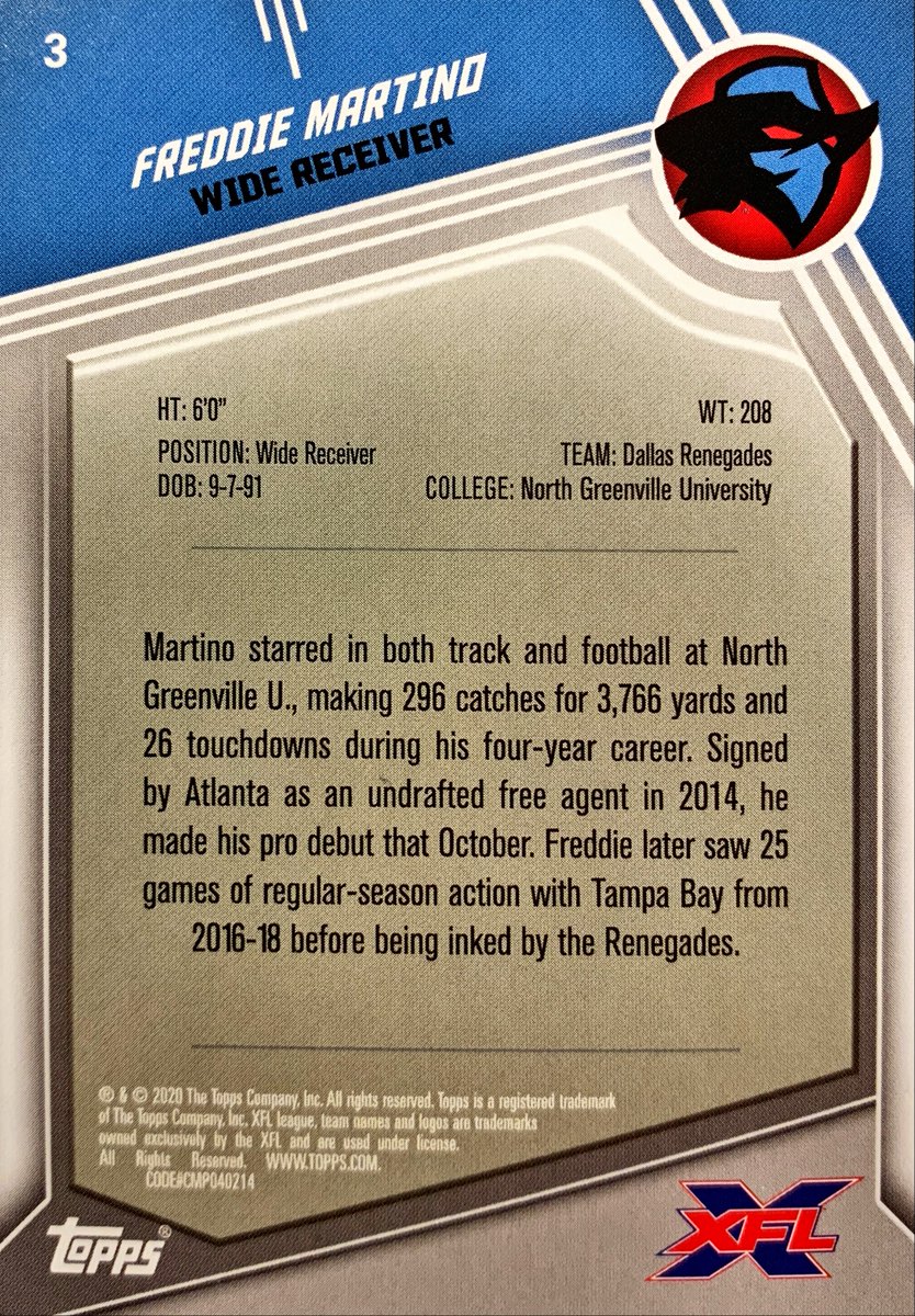 XFLCards's tweet photo. Drafted by #TampaBayVipers, but traded to the Renegades in exchange for wide receiver Stacy Coley on January 12, 2020.

Freddie Martino #DallasRenegades - 2020 #Topps #XFL #3

#XFLCards #XFL2020 #ForTheLoveOfFootball #TradingCards #Football https://t.co/uYZlw30M2K