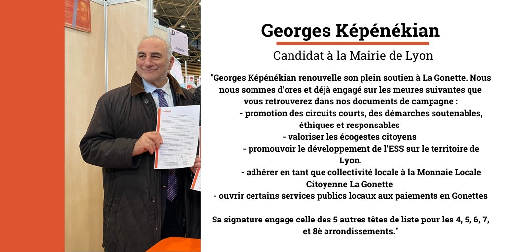 Merci au soutien de @Kepenekian2020 candidat à la Mairie <a href="/villedelyon/">Ville de Lyon</a>. En tant qu'élu, il s'engage à promouvoir et à utiliser la Gonette, comme outil monétaire au service de l'intérêt général et des besoins du territoire #Municipales2020 #lyon