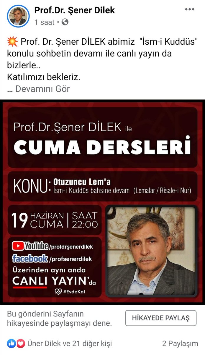 💥 Prof. Dr. Şener DİLEK abimiz  "İsm-i Kuddüs" konulu sohbetin devamı ile canlı yayın da  bizlerle.. 
Katılımızı bekleriz.

⏳Saat : 22.00

📍 Facebook*
📍 YouTube** sayfasından 

*facebook.com/profsenerdilek

*youtube.com/profdrşenerdil…