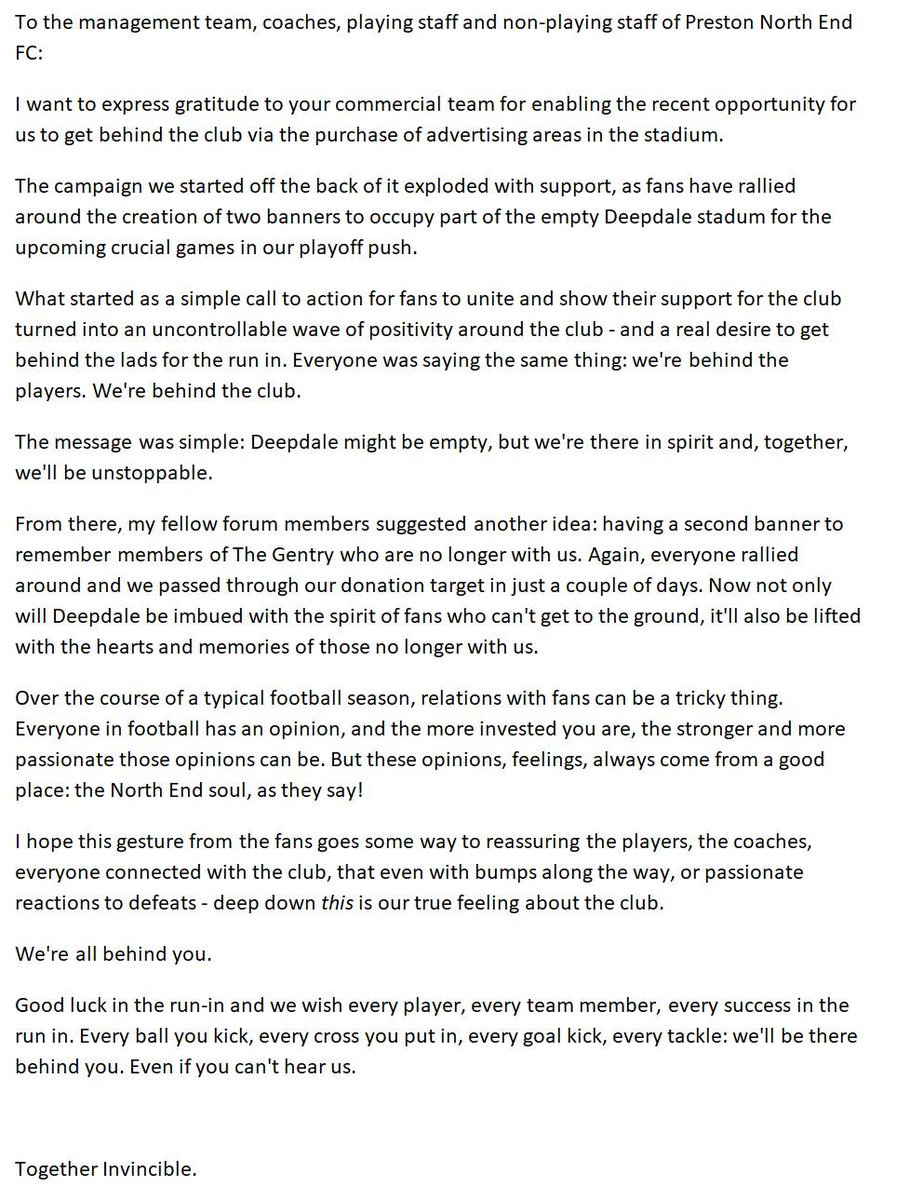 pneonline's tweet photo. As the season we re-starts tomorrow for #pnefc we feel its a good time to remind you all of our message to everyone at @pnefc. @Gally_7 #togetherinvincible #pnefc https://t.co/hKQIhDtKPK