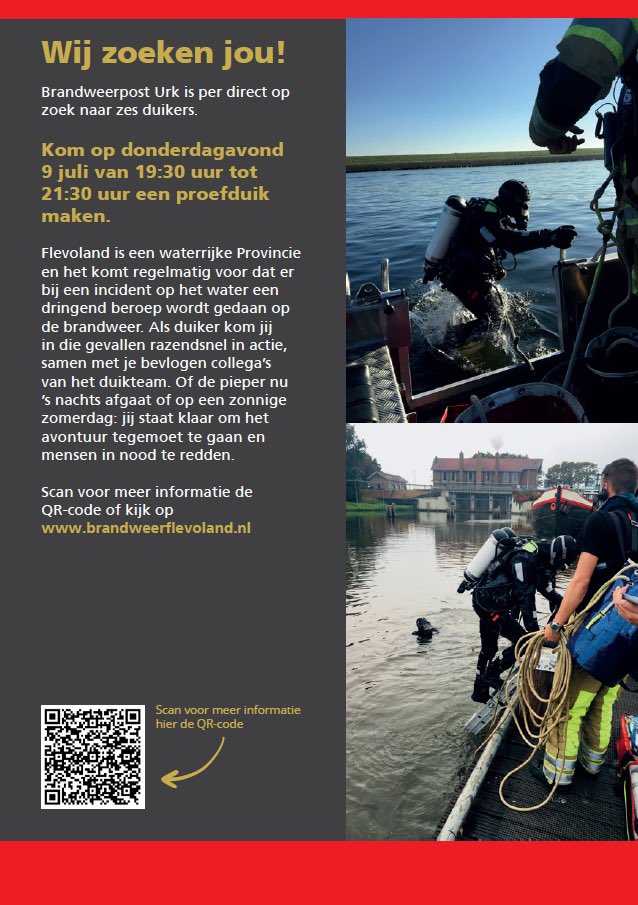 Urk zoekt brandweerduikers.
Kom op 9 juli naar het zwembad ’t Bun en ervaar hoe het is om duiker te zijn. Van 19:30 tot 21:30 uur ben je van harte welkom. Kijk voor meer informatie op onze website. bit.ly/3dgDqgp