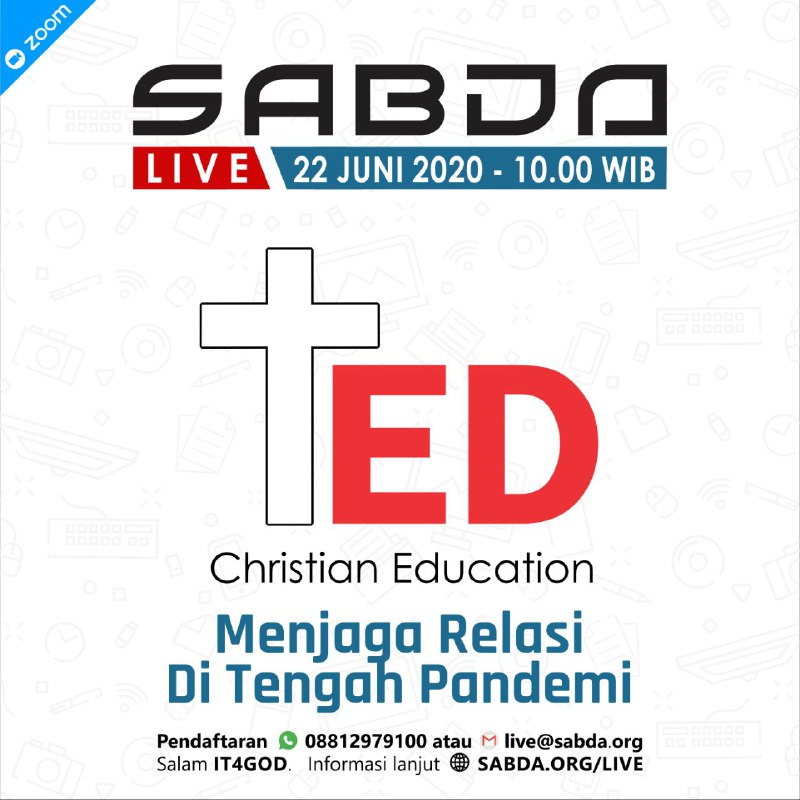 _ayo_pa's tweet photo. Shalom, Sahabat SABDA.
SABDA Live seri +ED TALKS diadakan lagi nih.
Catat waktunya ya: Senin, 22 Juni 2020 pukul 10.00 WIB.
Topik yang akan dibahas adalah "Menjaga Relasi di Tengah Pandemi

#SABDA
#YLSA
#relasi
#CrossEDTalks
#dirumahaja
#COVID19 https://t.co/tbncFntPYo