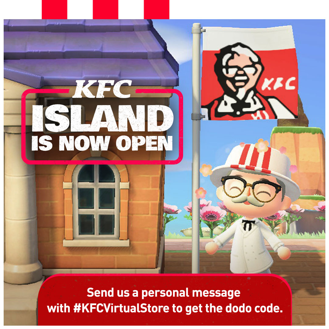 KFCPhilippines's tweet photo. KFC Island is open again today!

First 20 people to message us with #KFCVirtualStore from when this is posted get the dodo code!

For a smooth experience, we’re only letting a few people in at a time. So please wait while we verify if you’re one of the lucky visitors today. :) https://t.co/wzh6vUlLOm