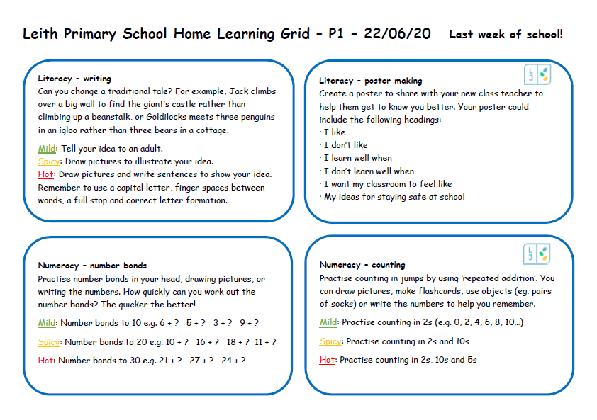 leithp1's tweet photo. Here is our last Home Learning Grid of P1 before the summer holidays! 🤓😎 https://t.co/KSpLZiwV0b