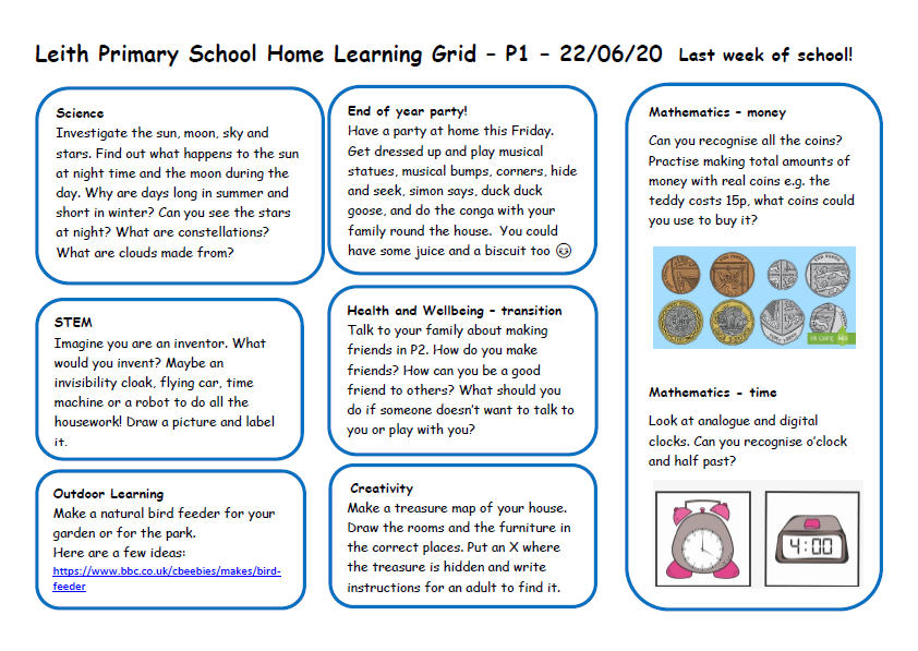 leithp1's tweet photo. Here is our last Home Learning Grid of P1 before the summer holidays! 🤓😎 https://t.co/KSpLZiwV0b