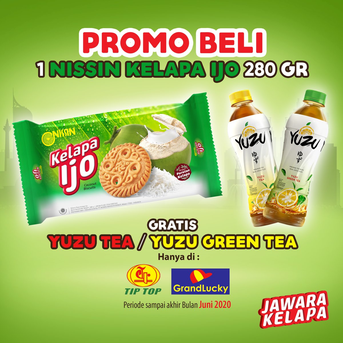 PROMO Nissin Biskuit Kelapa ijo! Guys, tiap pembelian 1 Nissin Biskuit Kelapa Ijo 280g GRATIS Yuzu Tea / Green Tea! Promo ini berlaku selama Bulan Juni 2020 hanya di Grand Lucky dan Tip Top Swalayan #PromoKijo #BiskuitIndonesia #NissinKelapaIjo