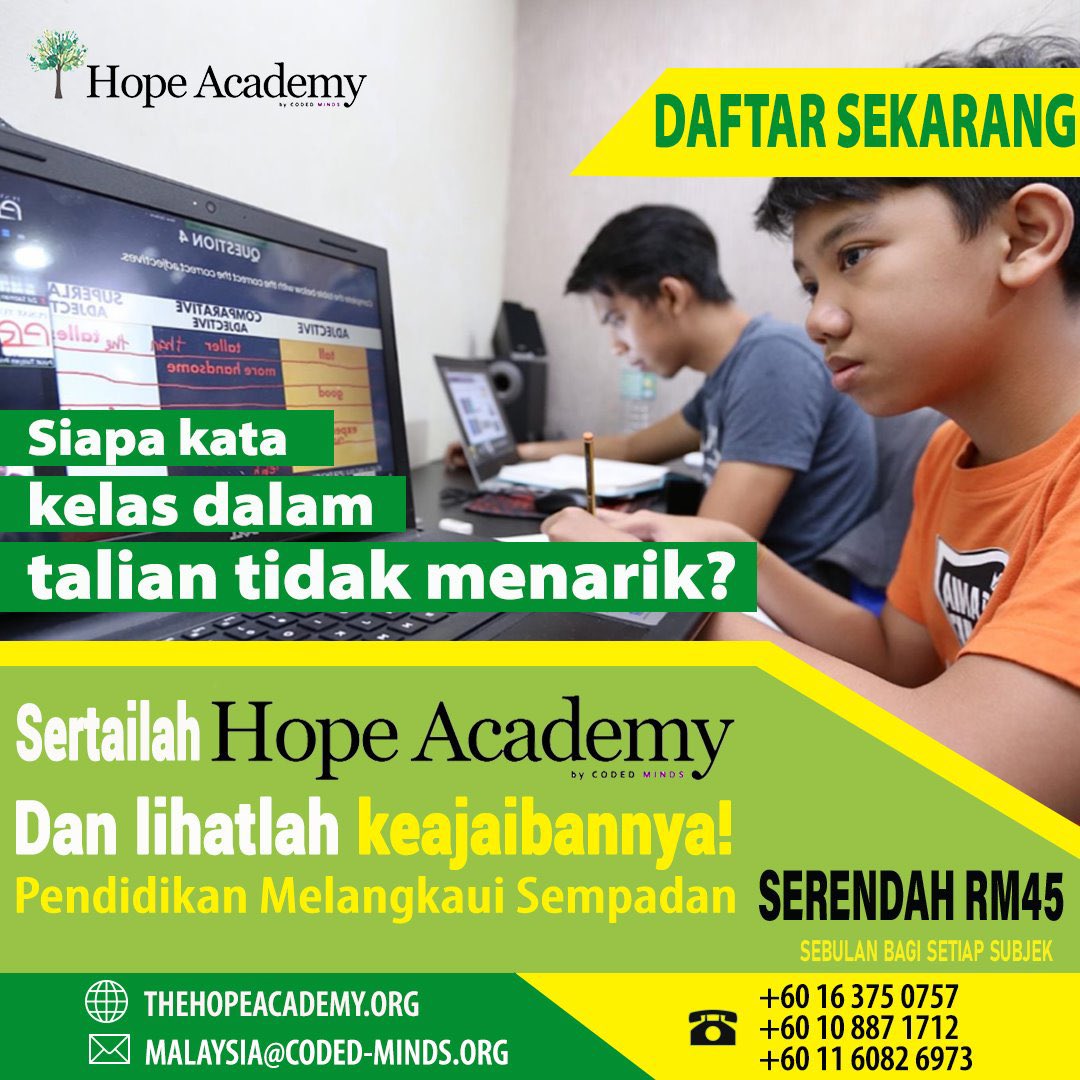 MindsCoded's tweet photo. Join #HopeAcademy online classes in #Malaysia and allow your child to explore their abilities with the Hope Academy online school
Hurry Up and Register Now!
#onlineclasses #actionforeducation #elearning #trainingclasses #qualityeducation #codedminds #explore https://t.co/N5BjBTTlwf