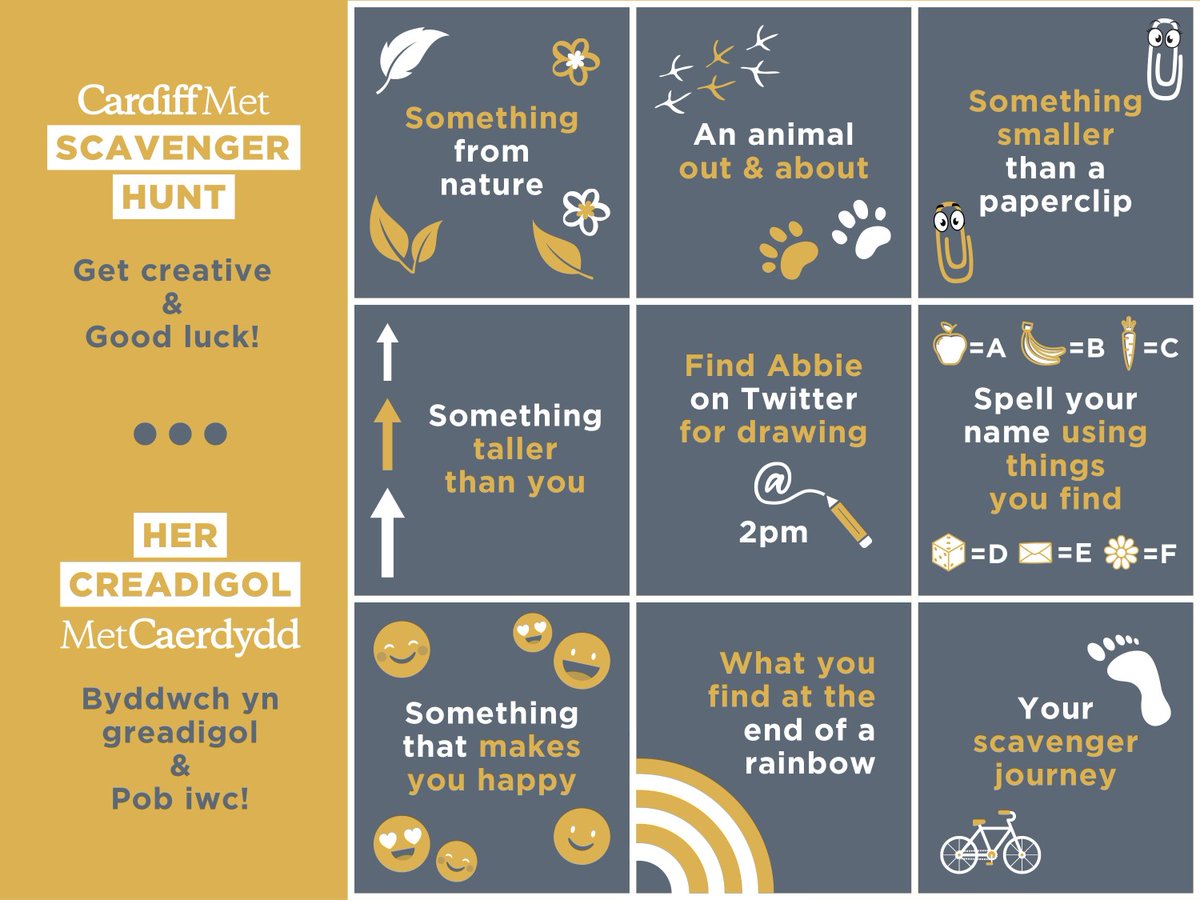 CardiffMetSCL's tweet photo. 🔎YOUR SCAVENGER LIST IS HERE
⬅️Watch instruction video in last tweet
🎨Drawing session @ 2pm
🏅Creativity = Prizes
🐦Tweet us finds throughout the day with #CardiffMetScavengerHunt & tag your school
📩Or email schoolsandcolleges@cardiffmet.ac.uk
⏲️Collage of all finds by 3:30 https://t.co/Dcoq11hJan