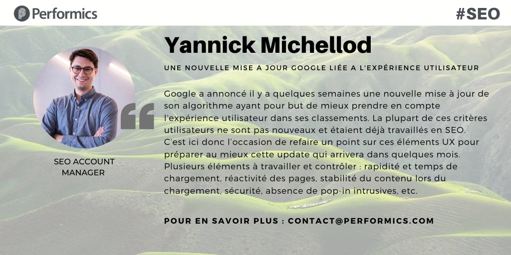 Une nouvelle mise à jour arrive sur <a href="/Google/">Google</a>, elle prendra en compte l'expérience utilisateur dans ses classements. Rapidité et temps de chargement, réactivité des pages, sécurité et bien d'autres choses ! Vous souhaitez en savoir plus, contactez-nous📩 contact@performics.com #SEO