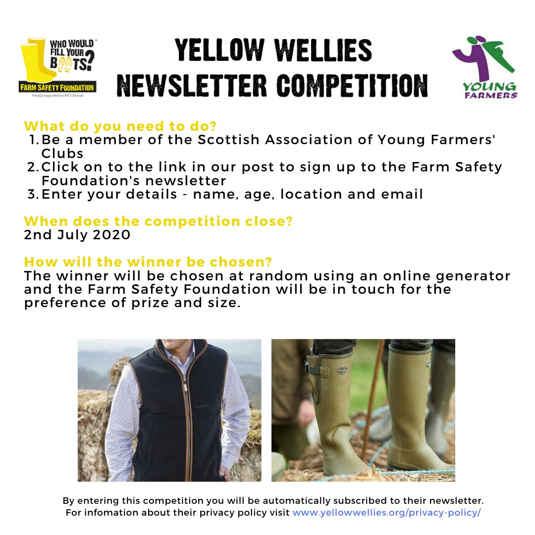 By entering the Yellow Wellies competition, you have the chance to win Le Chameau Vierznord Neoprene Wellies or a Schoffel Oakham Gilet! 
Opt in to receive their newsletter [n all things farm safety, mental health, fundraising, etc]!
Don't delay! bit.ly/2BiP3G0