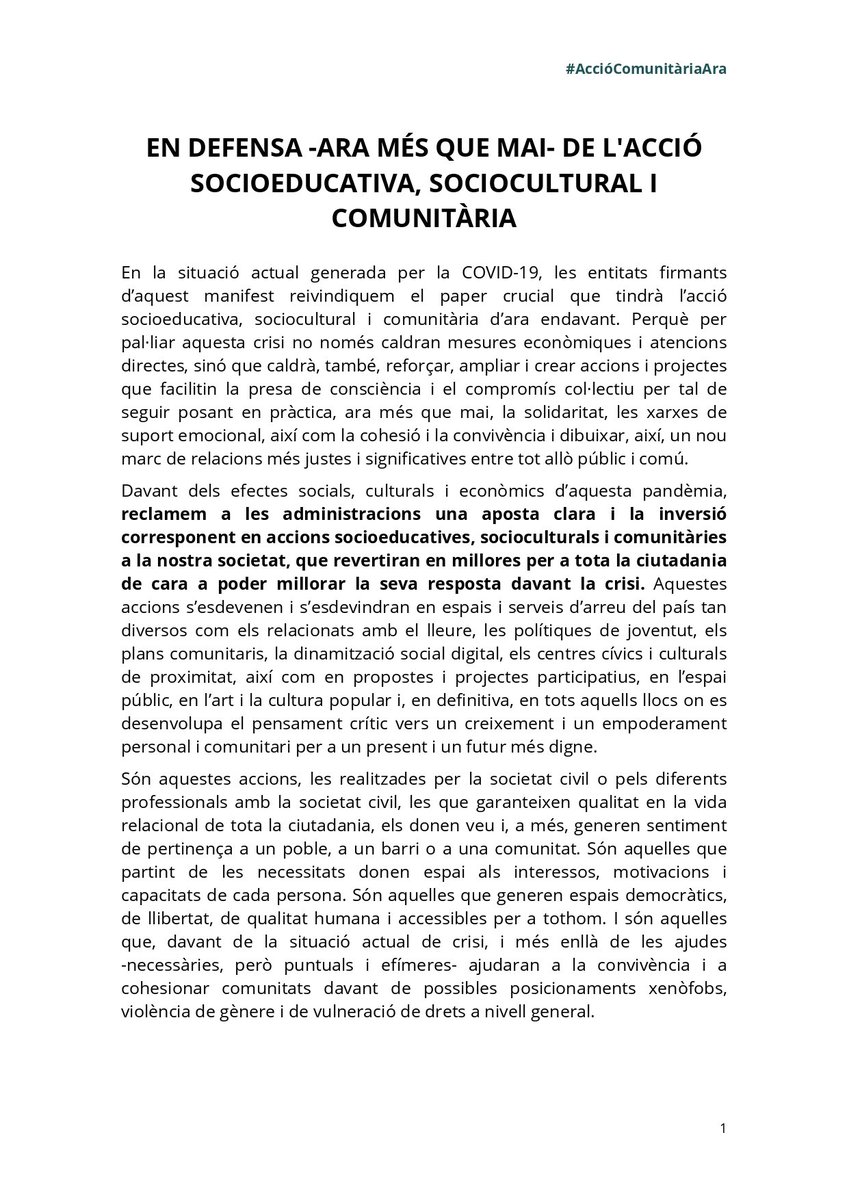 CASC_CAT's tweet photo. MANIFEST Conjunt - #AccióComunitàriaAra En defensa de l'acció socioeducativa, sociocultural i comunitària, per millorar la resposta de la ciutadania davant la crisi provocada per la #Covid19 

Ara més que mai #AnimacióSociocultural
https://t.co/e8nmUrV5tZ 
https://t.co/PJKIgvXoLD