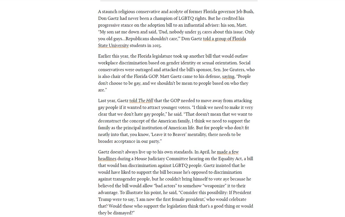 LGBT RIGHTS: GAETZ as an OUTLIER in the GOPThis screenshot from a Mother Jones article goes over some of Gaetz's responses to LGBT issues & legislative actions. He has been more favorable to LGBT causes than the vast majority of GOP politicians.Source:  https://bit.ly/3fEKcOy 