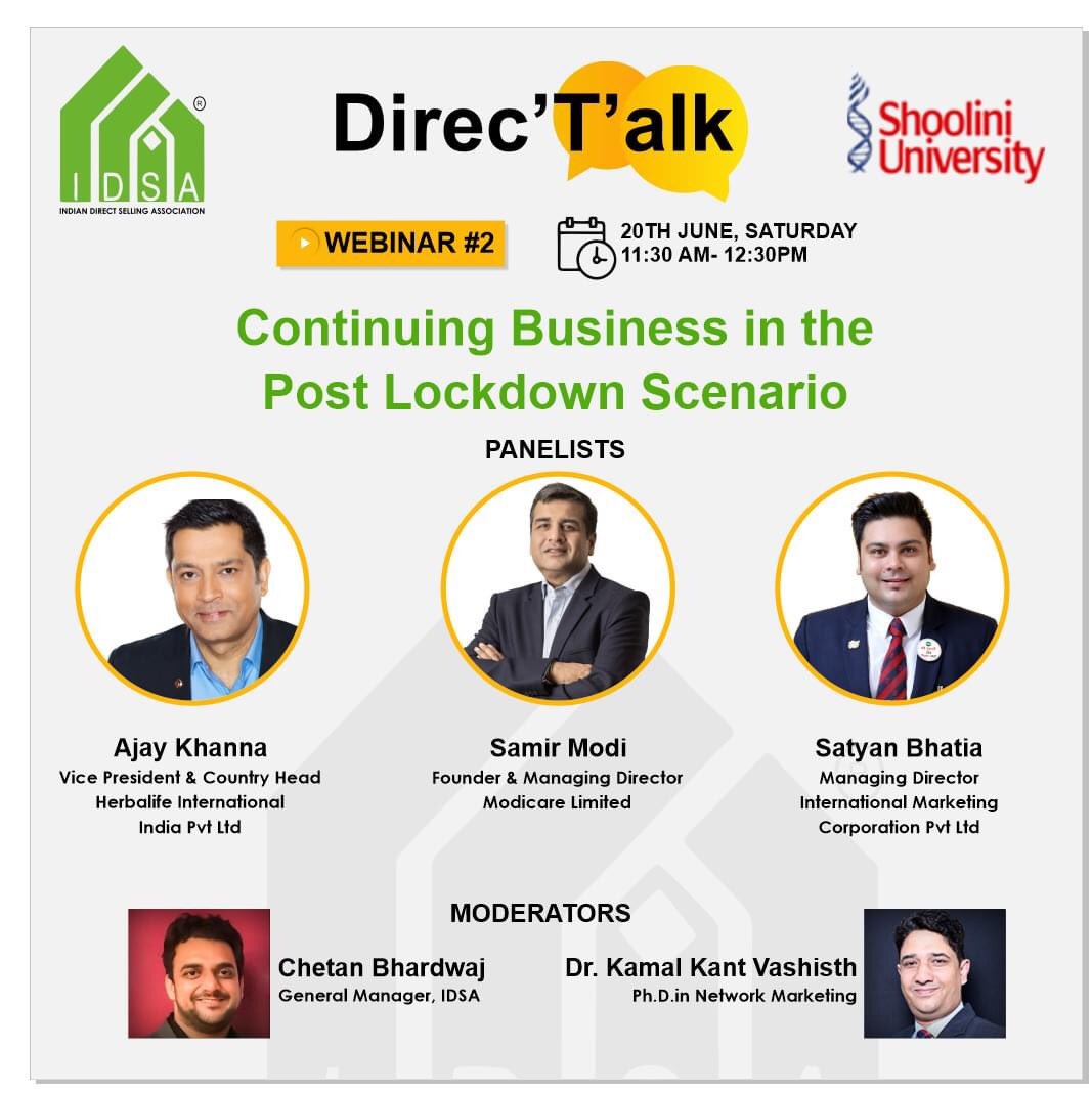 IndianDSA's tweet photo. Register in advance for #2 Webinar: https://t.co/636MGLFalf. The webinar shall also be live streamed on Facebook https://t.co/p1eYWTElYI #IDSA #shooliniuniversity #directselling #webinarseries #directalk https://t.co/PWjORbdDnM