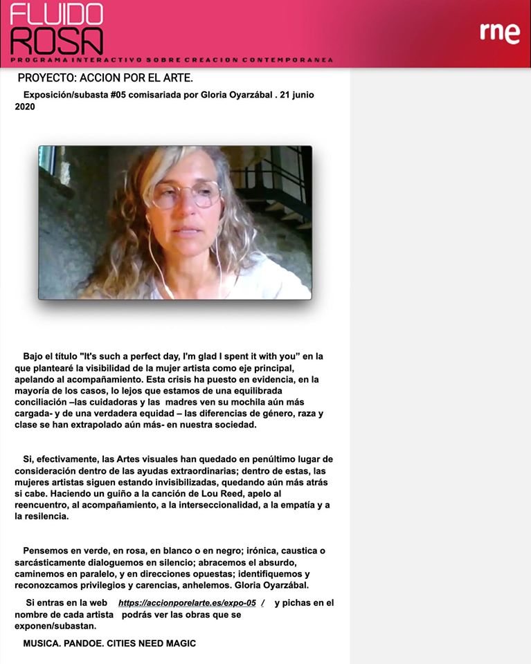 Entrevista en #FluidoRosa de .<a href="/radio3_rne/">Radio 3</a> a Gloria Oyarzábal sobre la 6ª exposición online de #AccionporelArte, que ha comisariado bajo el título de “It’s such a perfect day, (...)” (accionporelarte.es/expo-05/). La entrevista, a partir del minuto 1:08:09: bit.ly/2YeRK4z