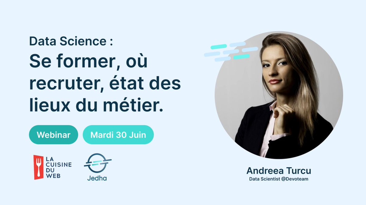 [JEDHA TALK] Mardi 30 Juin, 12H30 > #carrière et formation dans la #data par Andreea, Maître Jedha et #DataScientist chez <a href="/Devoteam/">Devoteam</a>. Inscription 👉 bit.ly/2N6hN7E
Venez nombreux et posez vos questions!
Avec @lacuisineduweb 

#DataScience #Webinar #carrière #jobs