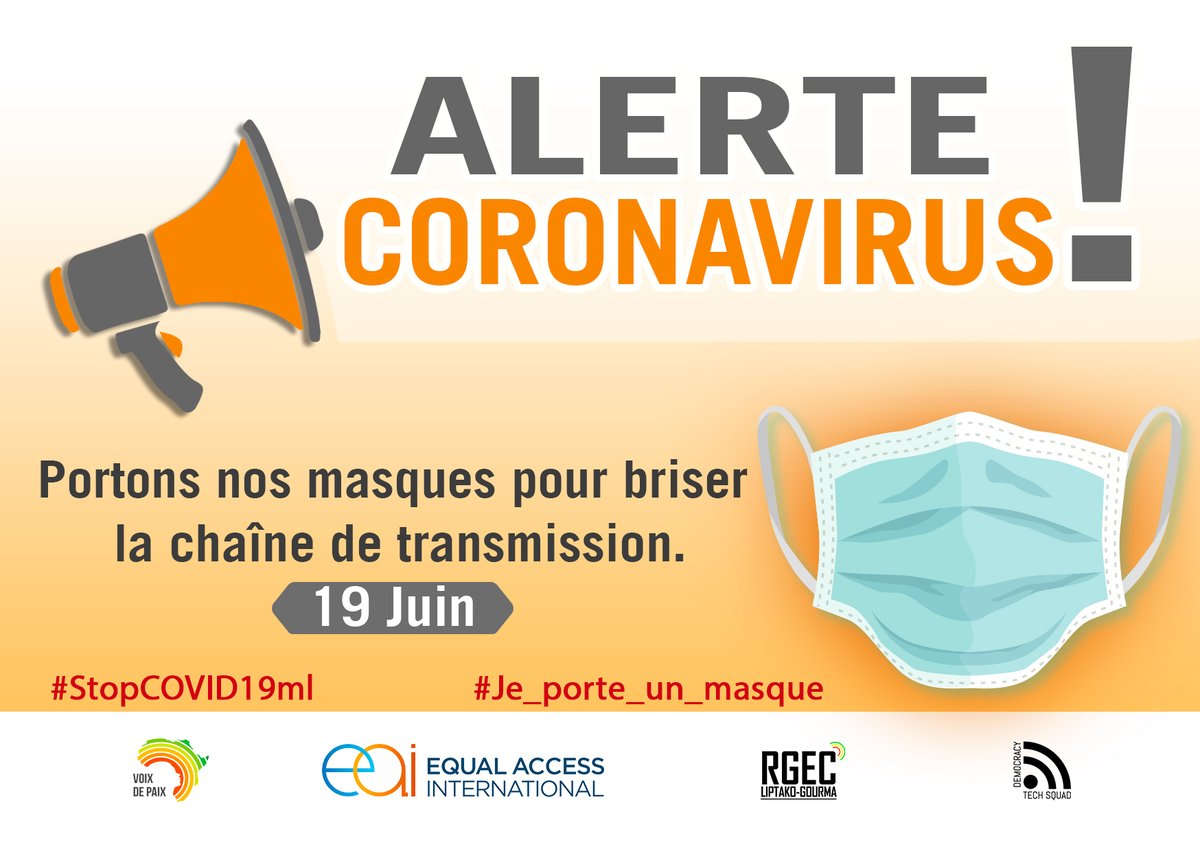 EqualAccessMali's tweet photo. Brisons la chaîne de transmission en portant nos masques. 
#StopCOVID19ml 
#Je_porte_un_masque 😷😷😷 https://t.co/IGHljs04hY