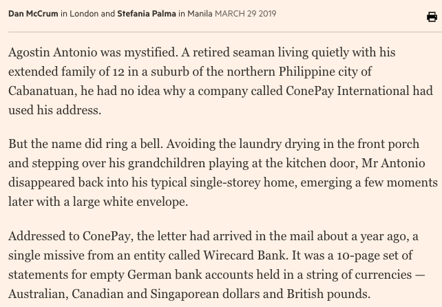 Attention today is moving to the Philippines, which is where the amazing  @stef_palma went last year to look for Wirecard's partners and found a bemused sailor https://www.ft.com/content/cd12395e-4fb7-11e9-b401-8d9ef1626294