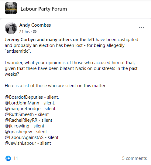 THREADHard left cranks are sharing this fake gotcha aimed at people who spoke out against insitutional antisemitism in Labour.The implication is that they don't about antisemitism because they didn't mention Nazis protesting in London.It's nonsense for several reasons...