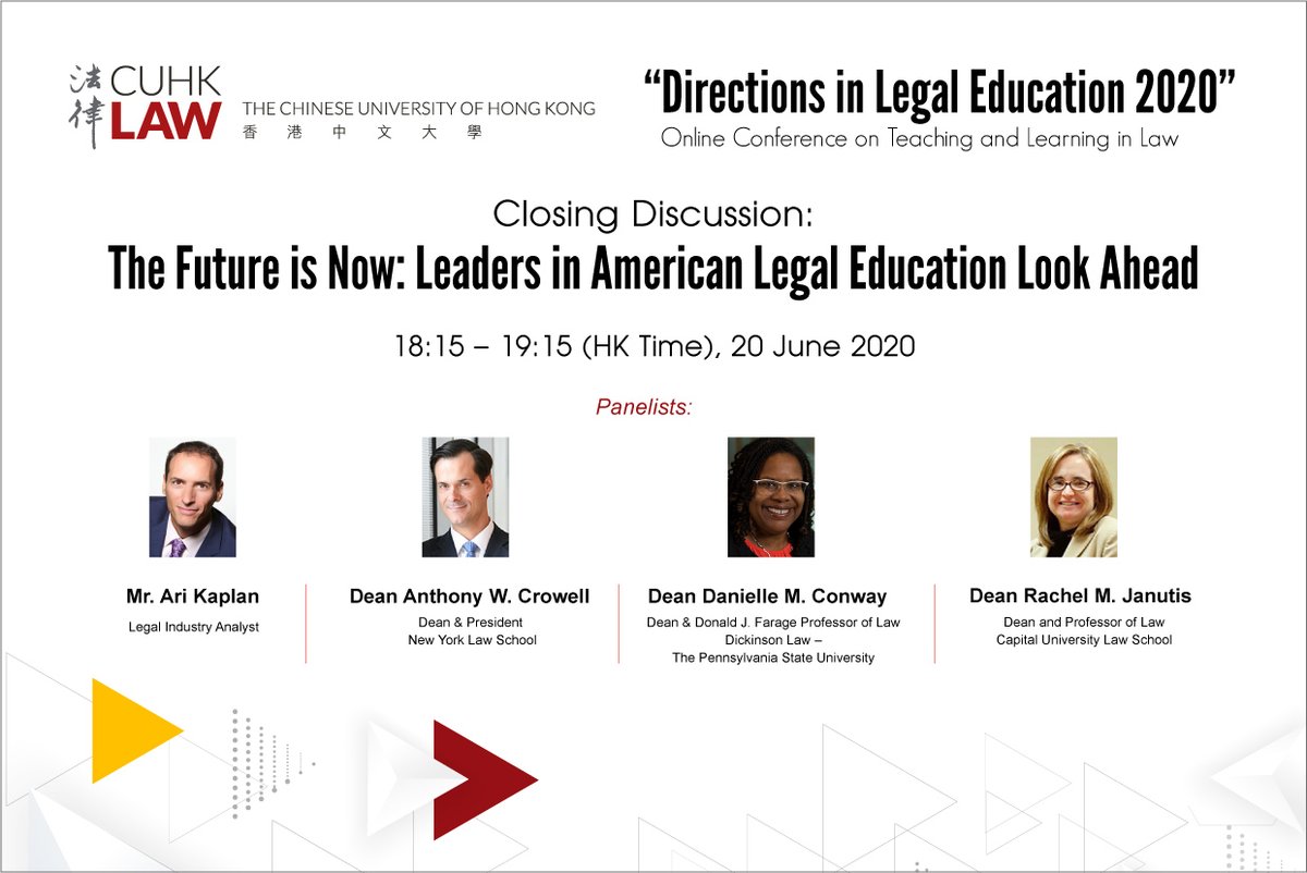 LearningCUHKLaw's tweet photo. Day 3 @CUHKLaw Directions in Legal Education 2020 starts at 10am HKtime 20 June. Highlights: the Big Debate (1.30pm) &amp; Future of Legal Education in US with US Deans (18.15pm) @RachelJanutis @DMConwayDean @TribecaDean moderated by  @AriKaplan To join: https://t.co/XnjEpXQXSU https://t.co/ef3LZwj5Ev