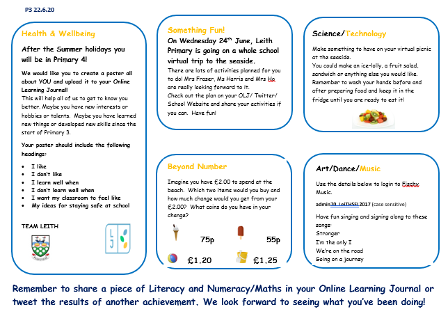 LeithP31's tweet photo. Good morning! Next week is the last week of term and the theme is Summertime! Look out for a whole school virtual day out at the seaside!@Leith_Primary https://t.co/yYXTXy6a15