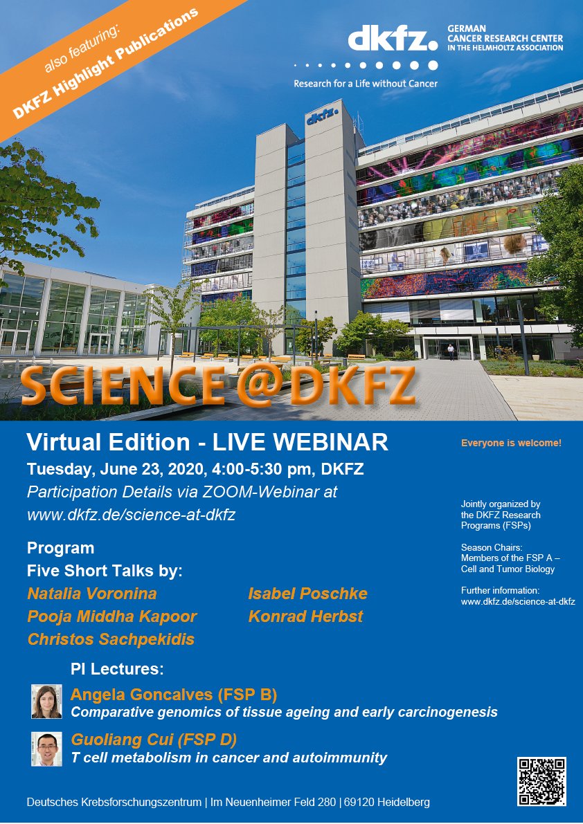 DKFZ (@dkfz) on Twitter photo Tuesday, June 23, 16:00: next edition of #SCIENCEatDKFZ. Join the live webinar to hear exciting talks by junior group leaders <a href="/afilimon/">Angela Goncalves</a> and <a href="/GuoliangCui1/">Guoliang Cui</a> on genomic changes and immune adaption in #cancer plus five exciting short talks. More info: bit.ly/2BpUa7i Tuesday, June 23, 16:00: next edition of #SCIENCEatDKFZ. Join the live webinar to hear exciting talks by junior group leaders <a href="/afilimon/">Angela Goncalves</a> and <a href="/GuoliangCui1/">Guoliang Cui</a> on genomic changes and immune adaption in #cancer plus five exciting short talks. More info: bit.ly/2BpUa7i