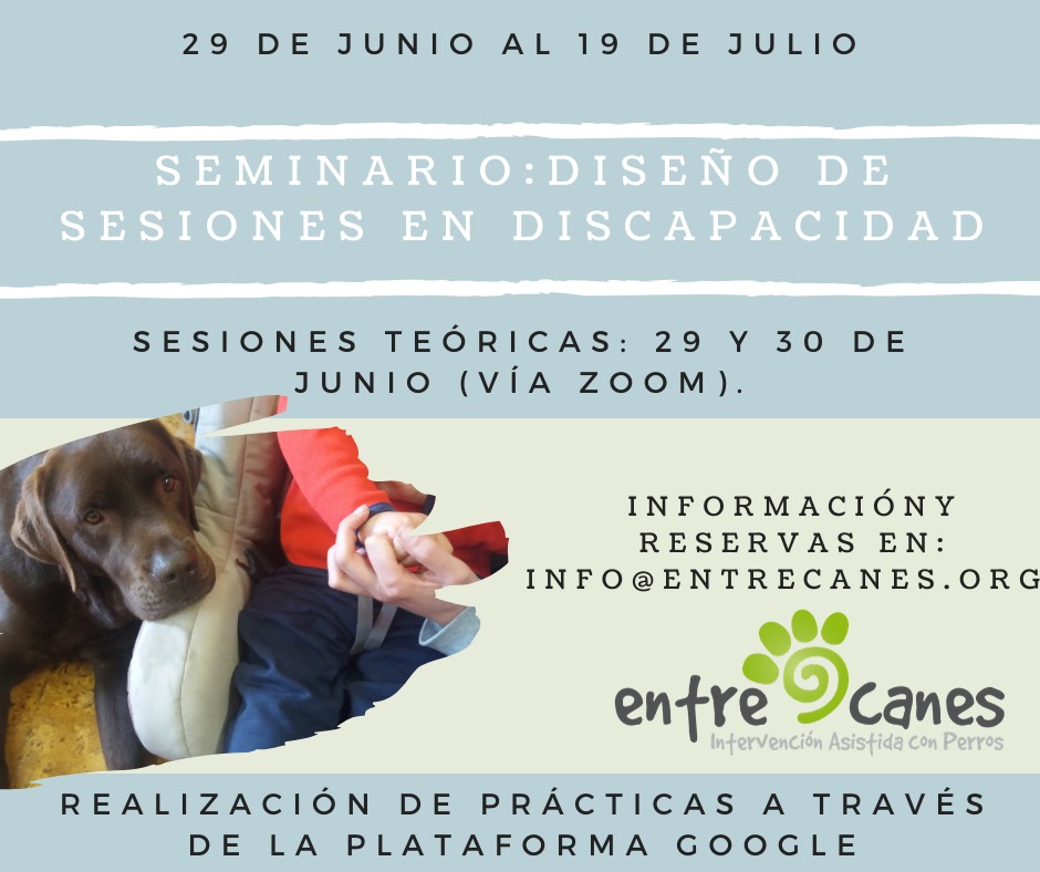 Continuamos con las formaciones online, tras el éxito de la primera edición hemos decido repetir el seminario "Diseño de sesiones en discapacidad". 
Más info y reservas en: info@entrecanes.org o en el teléfono 657.892.470
#IAP #Formación