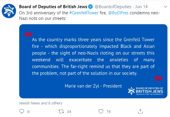 Firstly, most of those accounts explicitly condemned the Nazi thuggery.Here's the Board of Deputies statement