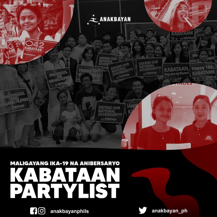 anakbayan_ph's tweet photo. Isang maalab at taas-kamaong pagbati sa ika-19 na anibersaryo ng natatanging boses ng kabataan sa Kongreso!

19 taon nang kasama ng Anakbayan ang Kabataan Party-list sa pakikipaglaban para sa mga demokratikong karapatan ng kabataan!

#KABATAANF19HT
#PagAsaNgBayan https://t.co/KKTrn78Ole