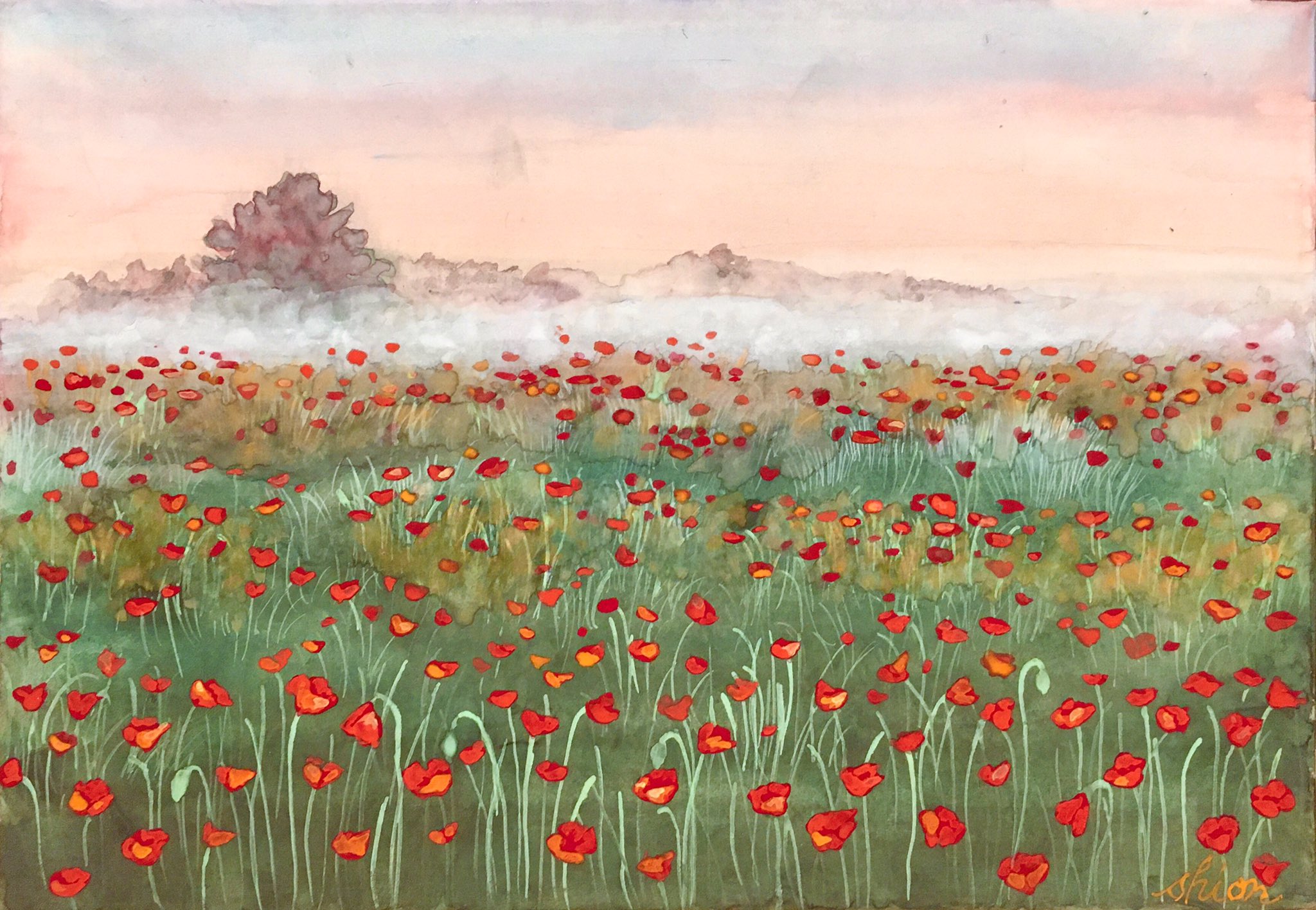 アクリル画 原画 「花の咲く路地12」額縁付 SMサイズ （アクリル