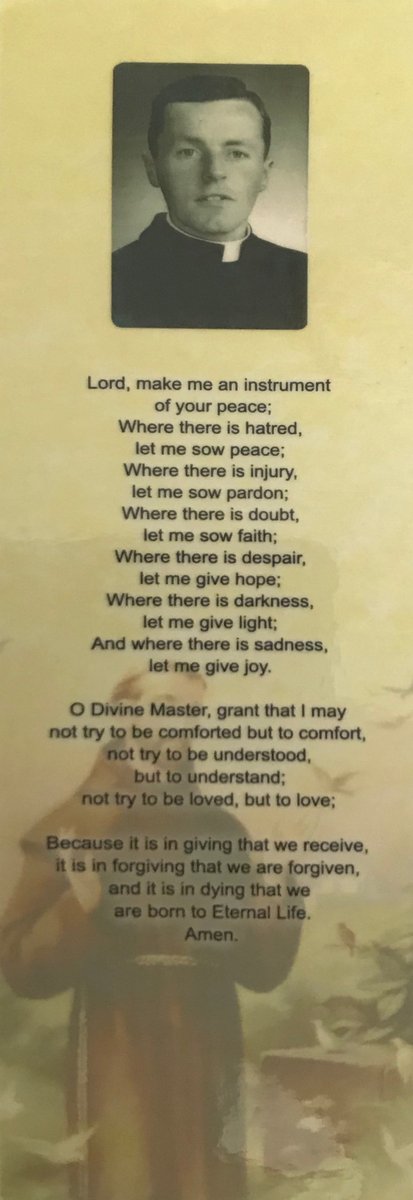 stdavogsdromore's tweet image. Congratulations to Fr Dolan who is 54 years ordained today. If you have a moment today it would be good to say the prayer to Saint Francis on his bookmark.