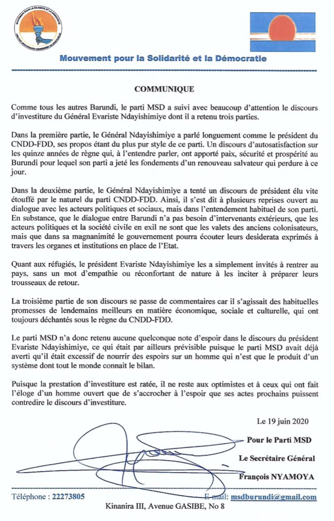MsdBurundi's tweet photo. #Burundi - Communiqué du @MsdBurundi sur le discours d’investiture de @GeneralNeva comme Président de la République du Burundi. https://t.co/vn6b5uTffL