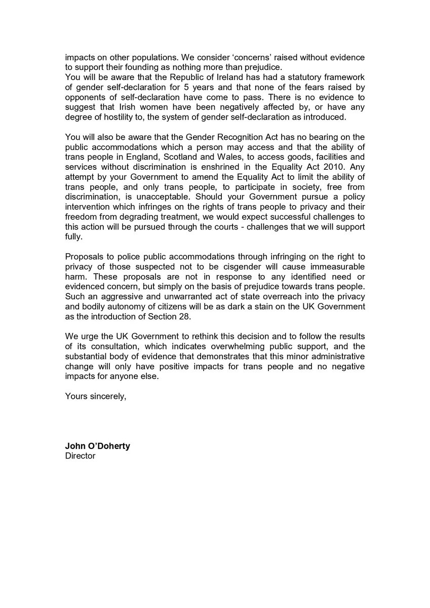 Our letter to  @10DowningStreet  @BorisJohnson outlining our opposition to any move to rolling back trans rights in the UK and urging the govt to follow its own consultation results and reform the Gender Recognition Act.