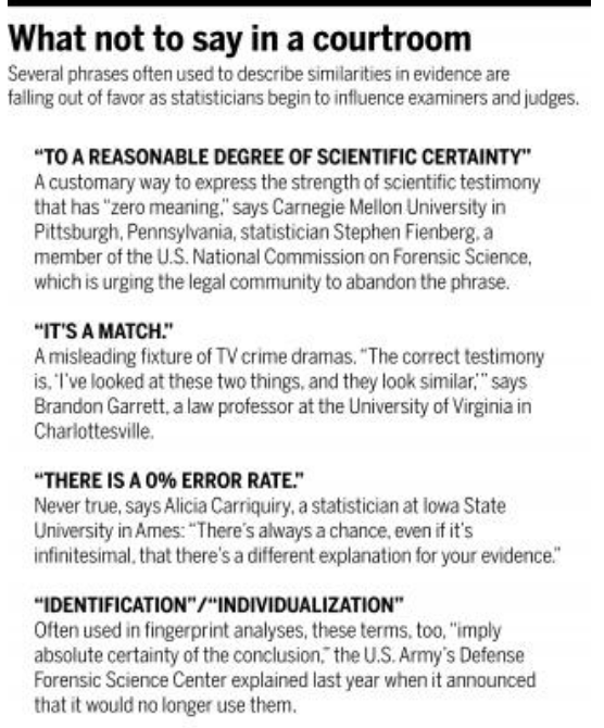 PROBLEM COURT Junk Forensic Science masquerading as evidence leads to wrongful convictions.   More rigorous controls on scientific evidence and opinion testimony by experts. See  https://www.innocenceproject.org/forensic-science-problems-and-solutions/ and see  this video:  https://www.pbs.org/wgbh/frontline/film/real-csi/