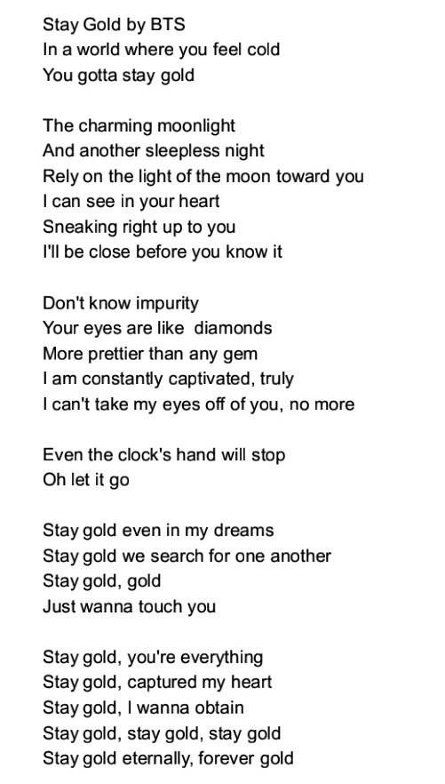 Bts stay gold lyrics  Bts song lyrics, Bts lyrics quotes, Pop lyrics