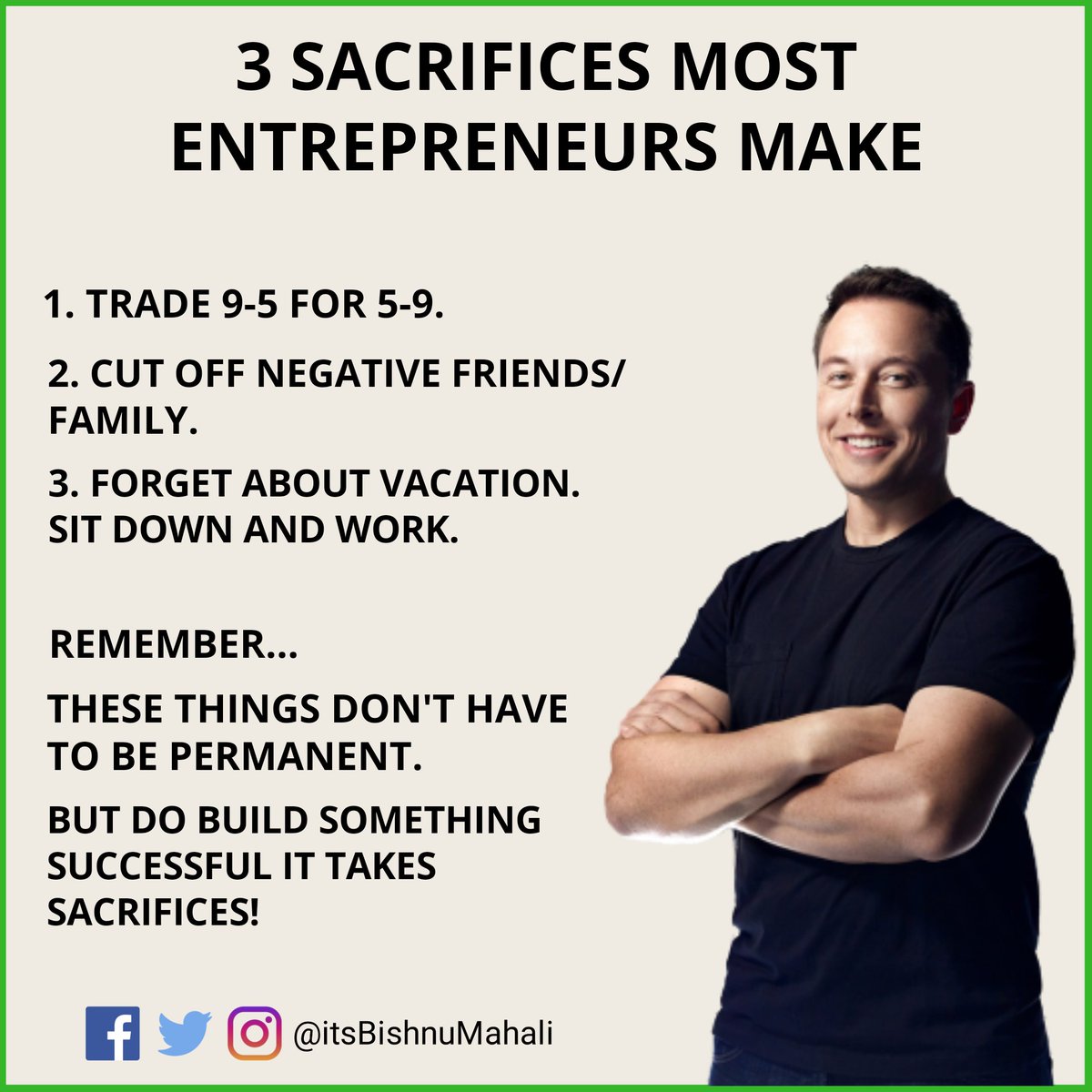 itsBishnuMahali's tweet photo. 3 Sacrifices Most Entrepreneurs Make.

#entrepreneur #entrepreneurlife #entrepreneurship #business #businessmentor #businessmen #passiveincome #financialtips #elonmusk #sacrifice https://t.co/n9cqQ5zhOo