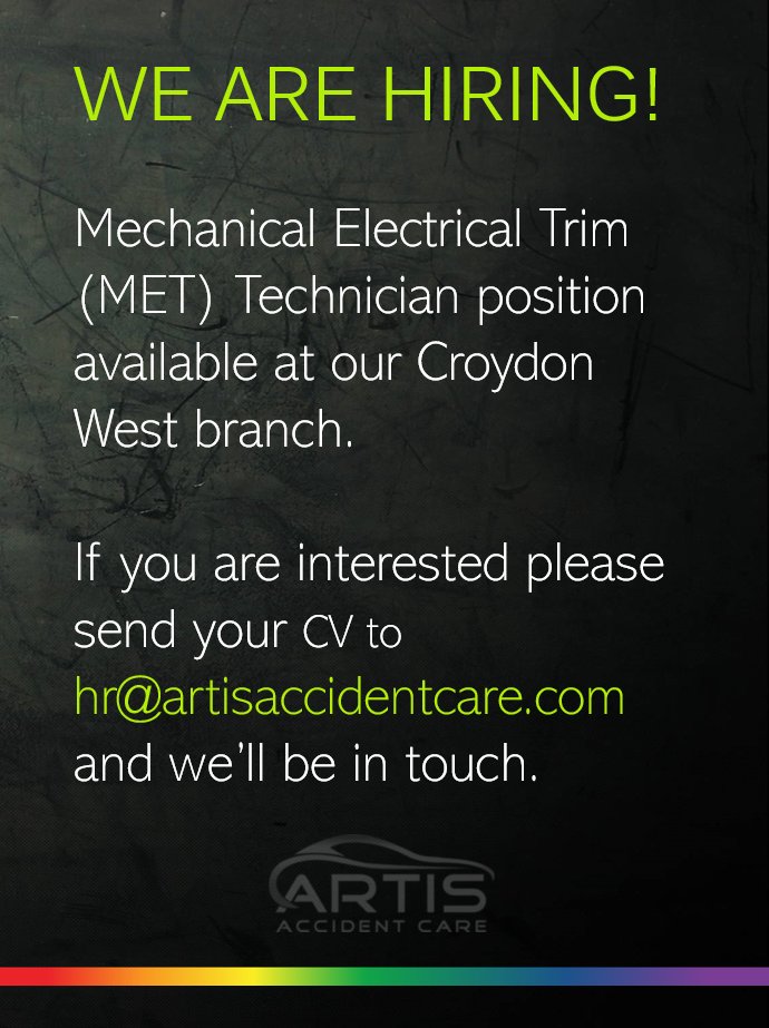 Happy Friday everyone!

We have a great opportunity for a skilled MET to join our newest site in Croydon West. If you are looking or know someone who is, please get in touch.

hr@artisaccidentcare.com