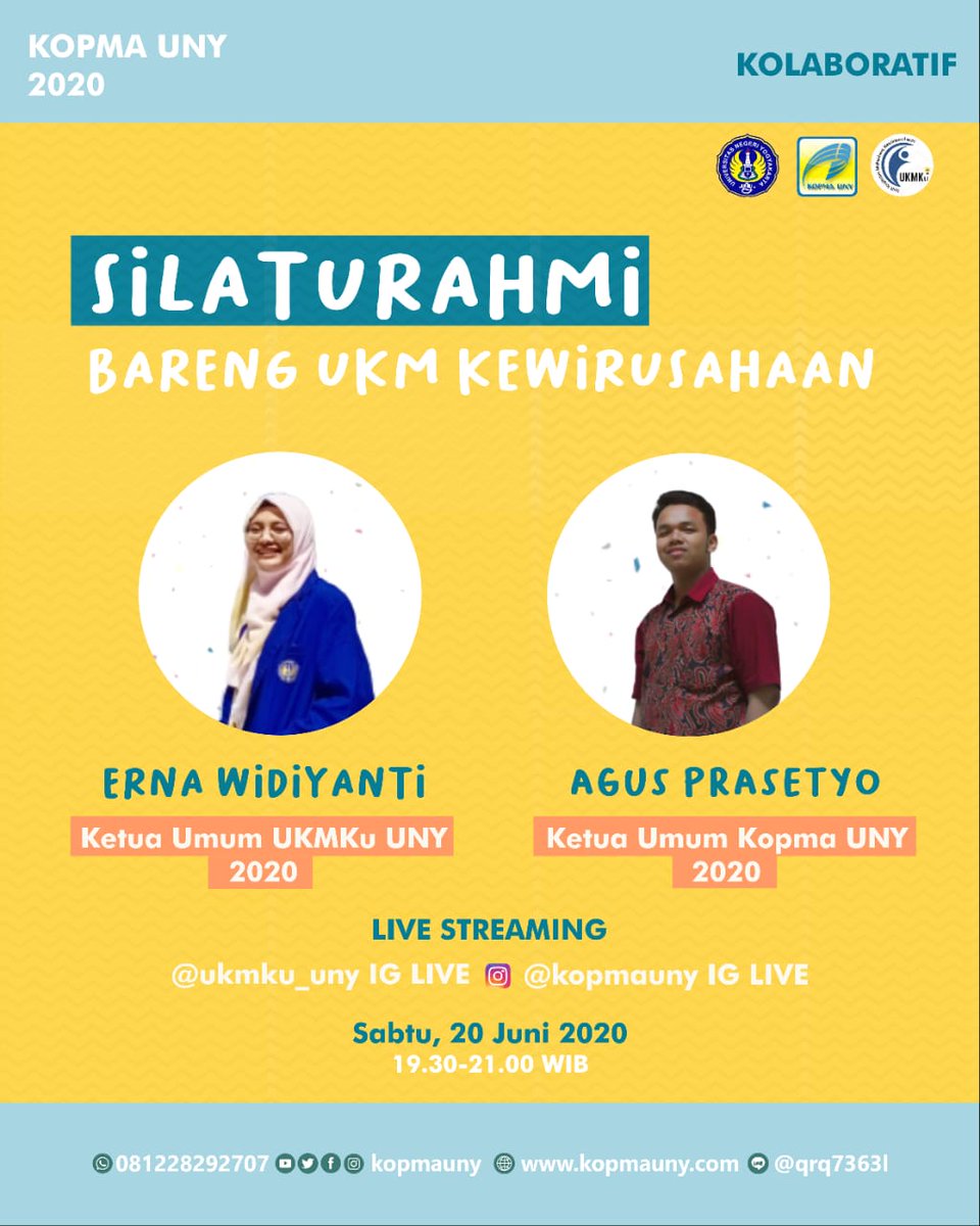 kopmauny's tweet photo. Hai hai sobat Kopma 🤗
Yuk Hadiri silaturahmi ukm Kopma Uny bersama UKMKu Uny. Di live ig Kopma uny yaa.
Kapan??
✅Sabtu, 20 juni 2020
☑️ Pukul 19.30-21.00
Jangan Lupa yaa😊
#ukmuny #silaturahome #uny #unyjogja #kopma #kopmauny #bravokopma https://t.co/DnLdRyRWcl