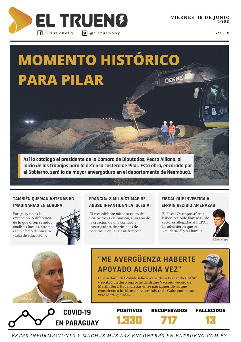 eltruenopy's tweet image. 🗞 ¡Buenos días! Esta es nuestra tapa de hoy viernes 19 de junio. ¡Hojeá nuestra edición digital! 📲issuu.com/el-trueno/docs…