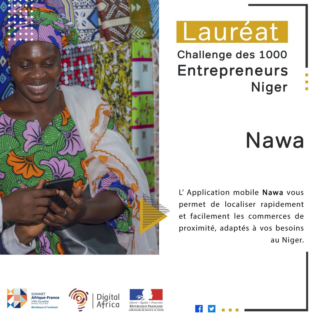 ambafr_au_niger's tweet photo. 💡 #Nawa , start-up spécialisée dans la localisation des commerces de proximité au Niger 🇳🇪, est lauréate du « challenge des 1000 entrepreneurs » lancé par le gouvernement français 🇫🇷 @2020Sommet et @DigitalAfrica__ 
@app_nawa #EntreprendreAuNiger https://t.co/rhssw3Qqr0