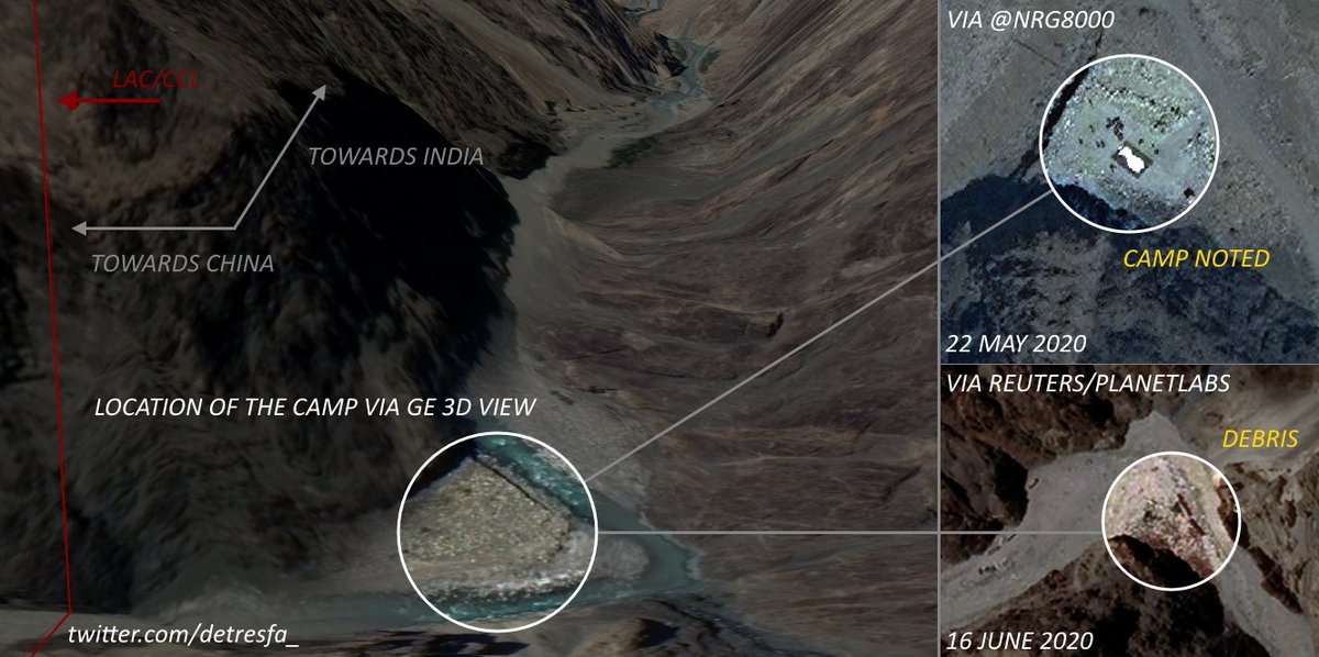 -Images by  @Nrg8000 spotted a camp at  #GalwanValleyFaceOff on 22.05.2020-Images by  @Reuters spot debris in the area on 16.06.2020 - #India said  #China set up a temp structure that led to the clash, media said the  #IndianArmy Col burnt it down Composite image below