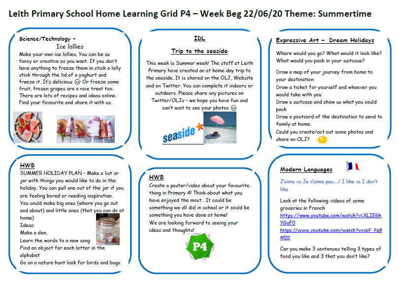 LeithP41's tweet photo. Good Morning P4! Here is next week's Home Learning Grid. It's the last one before the holiday and the theme is Summertime ☀️😎🍦 @Leith_Primary https://t.co/LzOWwyBy2D