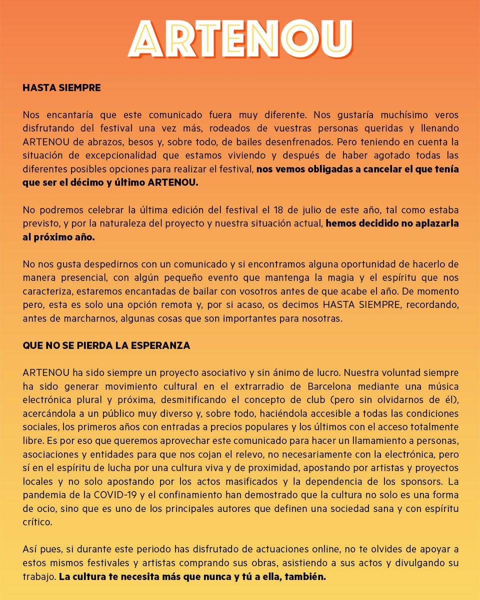 Amigues i amics, l'aventura ha arribat fins aquí.

Dediqueu dos minuts a llegir el comunicat i envieu-nos una mica d'amor.
- - -
Amigas y amigos, la aventura ha llegado hasta aquí.

Dedicad dos minutos a leer el comunicado y enviadnos un poco de amor.