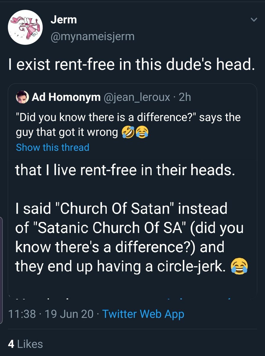 "I exist rent free in this guys head" says the guy that has been back to this thread twice. Fun Fact: when you quote someone's tweet, they get a notification. But "rent-free" is just too eDgY to pass up!