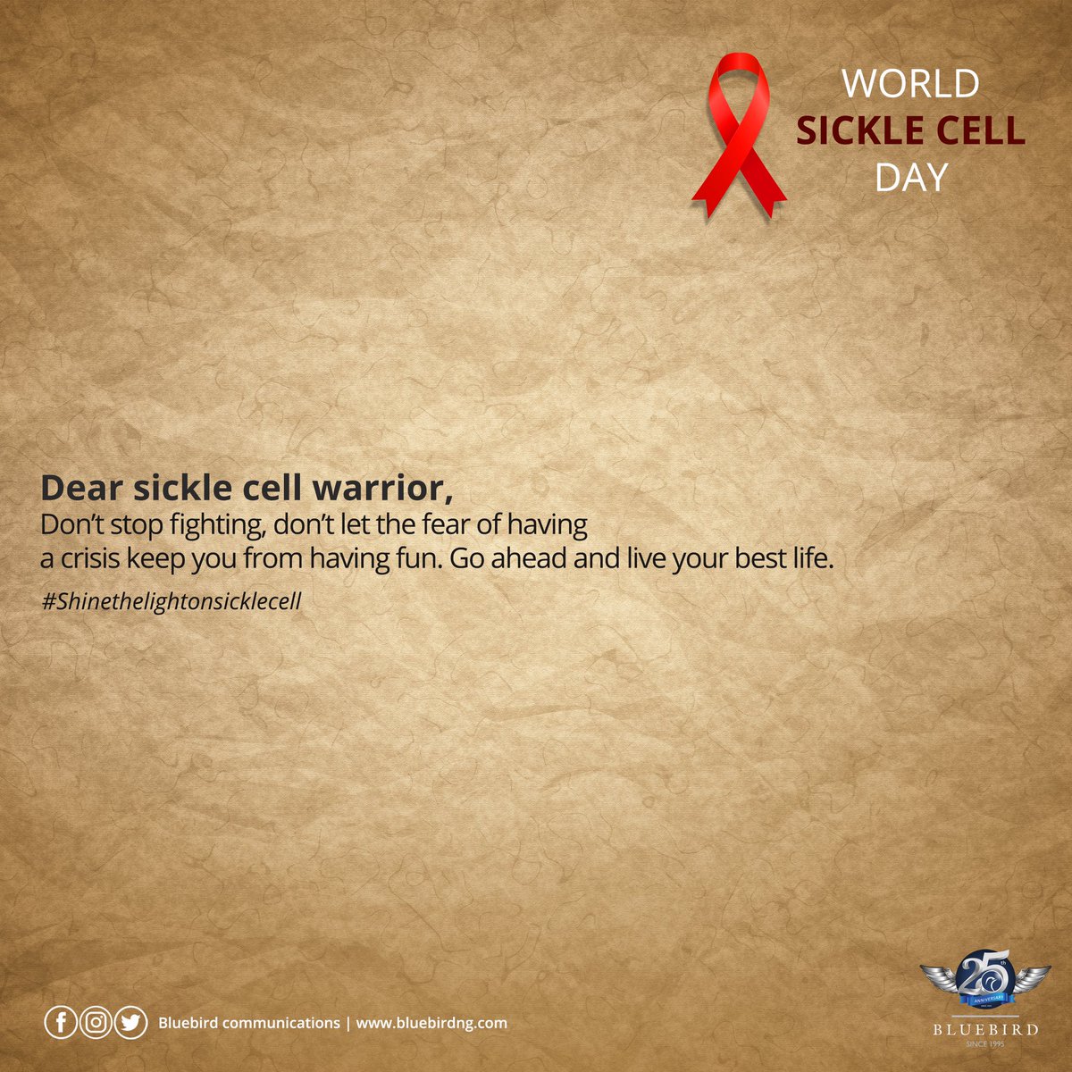 BluebirdNG_'s tweet photo. Today we join everyone around the world alongside the WHO, to shine light on sickle cell.
#shinelightonsicklecell 
#bluebirdcommunications 
#thenest 
#ads #designinspiration #sicklecellwarrior #design https://t.co/P7fSdN7WvG
