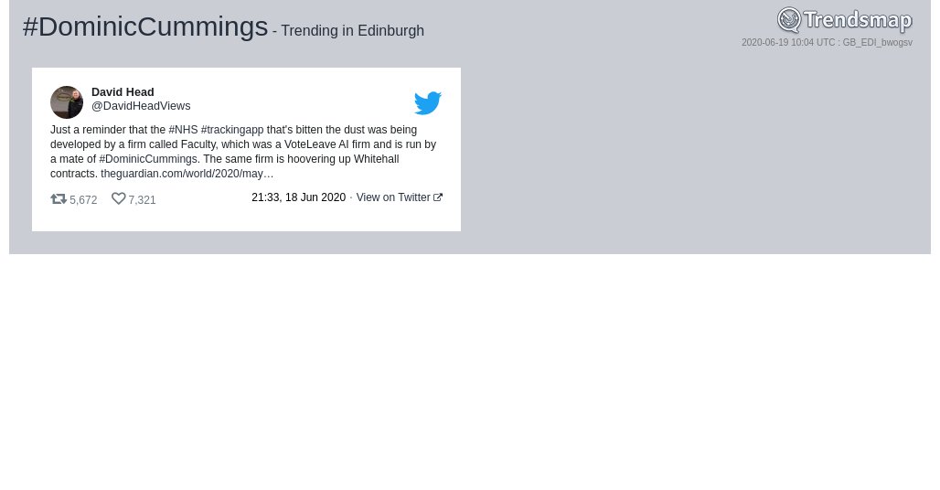 TrendsEdinburgh's tweet photo. #dominiccummings is now trending in #Edinburgh

https://t.co/Yr1aMQKPRJ https://t.co/7T5wBUzuck